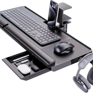 Klearlook Keyboard Tray Under Desk with 360° Rotation, Ergonomic Computer Keyboard & Mouse Tray 25"W×11.02"D Sit Stand Desk Keyboard Holder w/Wrist Rest & Storage Drawer (Height is not Adjustable)