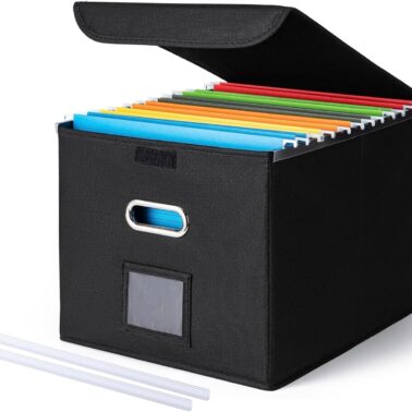 CADONO File Organizer Box with Lid, Large Hanging File Folder Organizer with Plastic Slide, Collapsible Portable Filing Storage Boxes for Office/Decor/Home (Black, 14.9 x 12.59 x 10.8 inch)